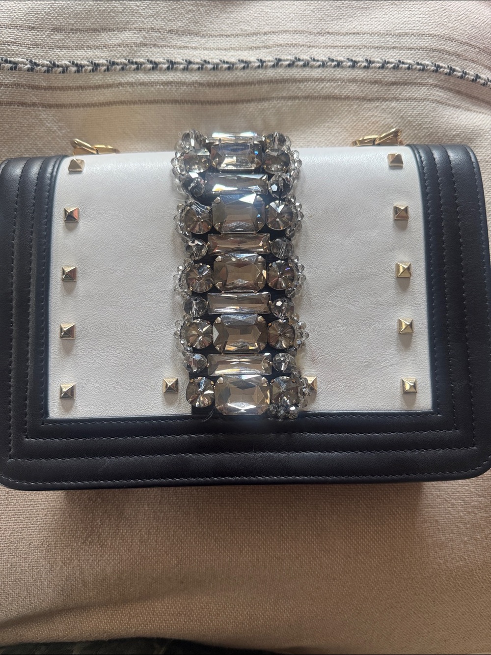 Jeweled Black & White Crossbody Bag with Stud Accents